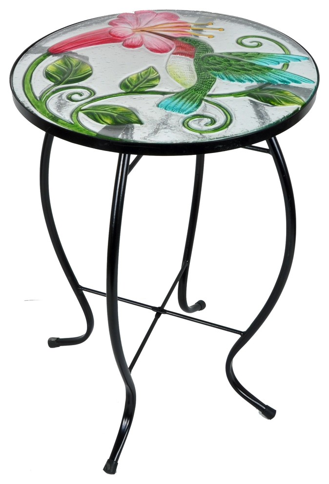Hand-Painted Glass and Metal Plant Stand, Hummingbird