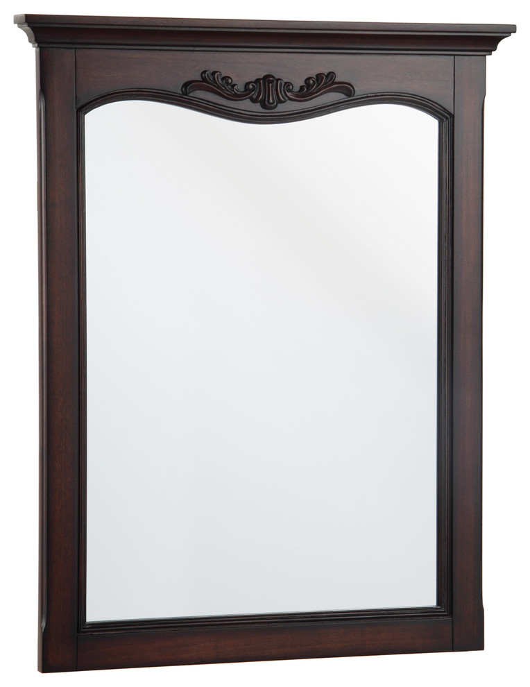 Example of a cherry, 25 to 29 inch and 30 to 34 inch high classic manufactured wood and wood rectangular vertical, beveled and dual orientation bathroom vanity mirrors design