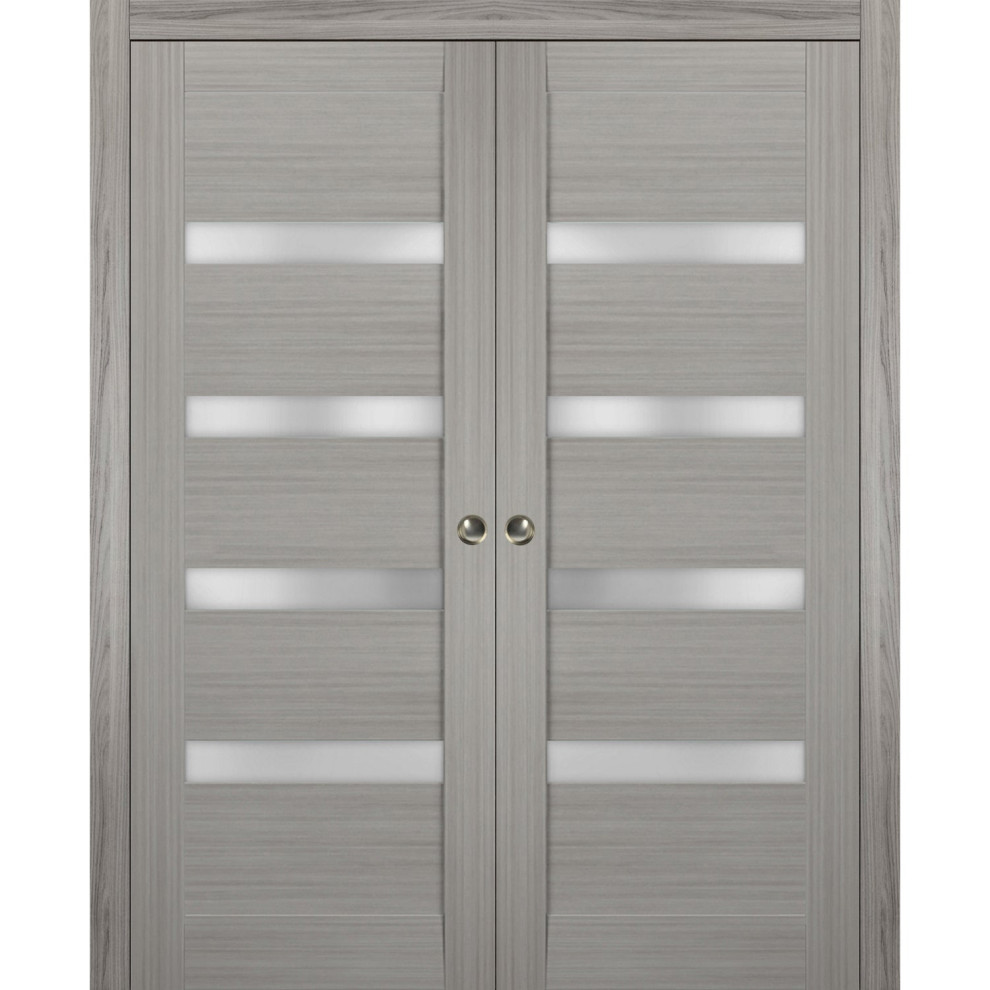 Sliding Double Pocket Doors, Quadro 4113 Grey Frosted Glass, Rails, 36 ...