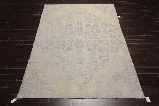 8'x11' Hand Knotted Wool and Viscose Oushak Area Rug, Gray Beige Color