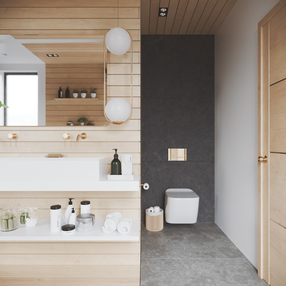 Photo of a large modern kids wet room bathroom in Other with a wall-mount toilet, gray tile, slate, white walls, slate floors, a trough sink, engineered quartz benchtops, grey floor, an open shower and white benchtops.