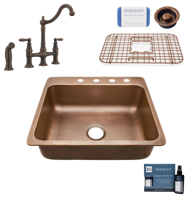Rosa 25" Drop-in Copper Kitchen Sink, Bridge Faucet and Disposal Drain