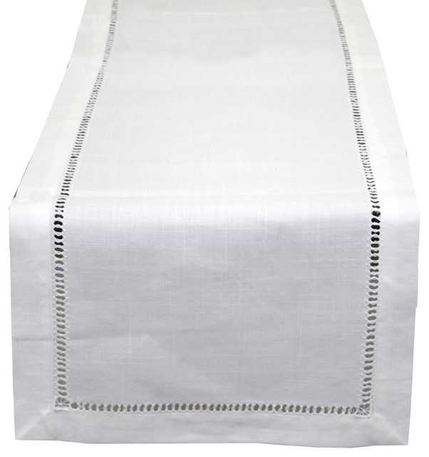 Stylish Solid Color with Hemstitched Border Table Runner, White, 14"x72"