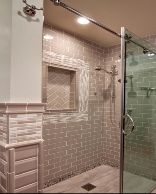 Inspiration for a large transitional master beige tile alcove shower remodel