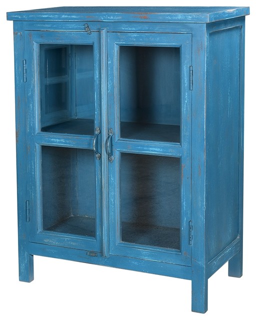 38 Boris Cabinet Wood Antique Blue Glass Double Doors Multiple Shelves