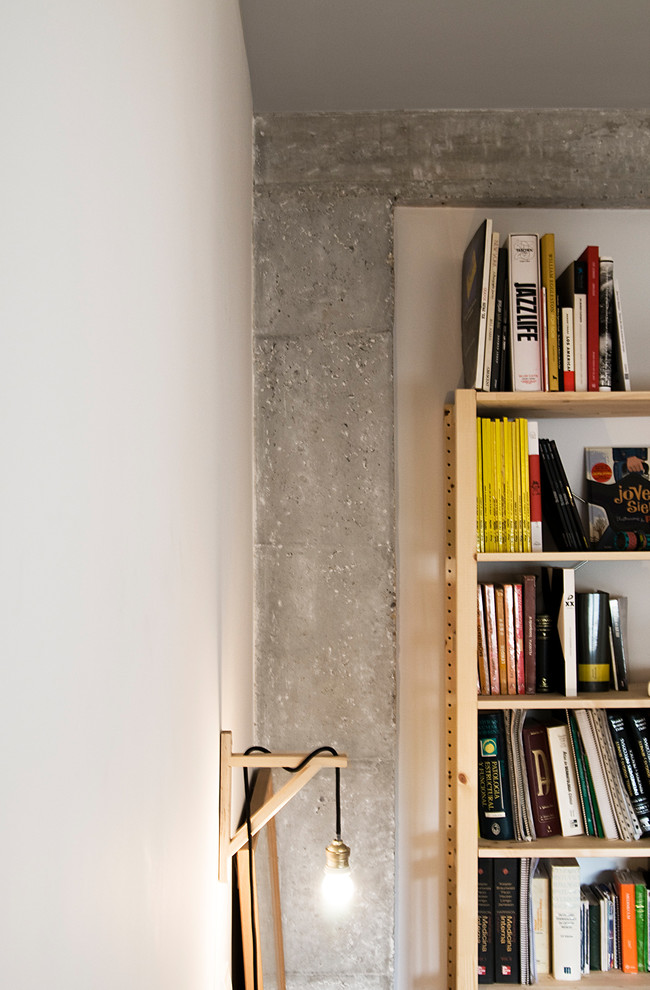 Diseño de dormitorio principal moderno pequeño sin chimenea con paredes blancas y suelo de madera clara