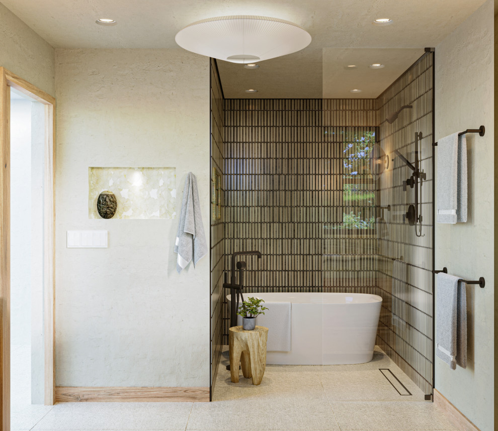 Large scandinavian master bathroom in Los Angeles with furniture-like cabinets, light wood cabinets, a freestanding tub, an open shower, a wall-mount toilet, green tile, ceramic tile, white walls, limestone floors, an undermount sink, onyx benchtops, white floor, an open shower, green benchtops, a niche, a double vanity and a floating vanity.