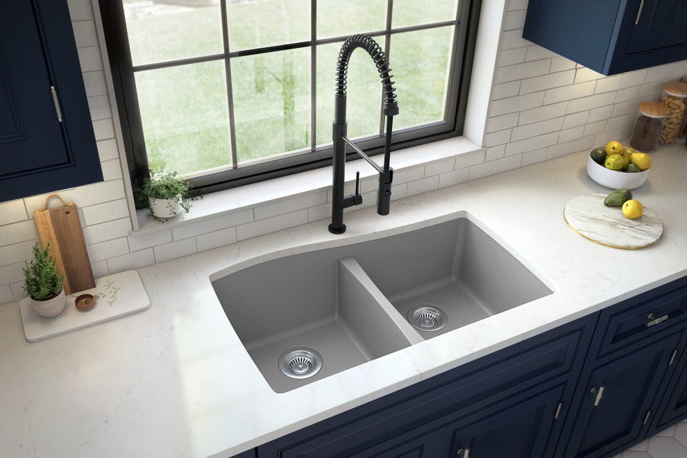 Karran Undermount Quartz 33" 50/50 Double Bowl Kitchen Sink, Grey