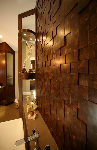 Walnut Wood Feature Cobble Wall with Mirror contemporain-salle-de-bain