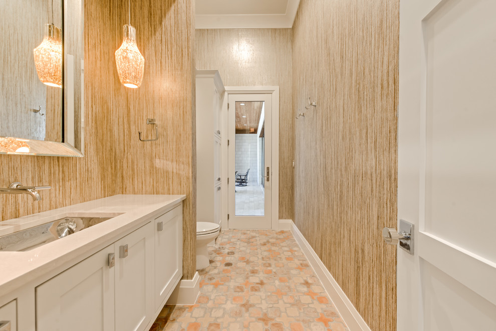 This is an example of a mid-sized contemporary 3/4 bathroom in Dallas with furniture-like cabinets, a double shower, a two-piece toilet, white tile, subway tile, white walls, porcelain floors, an undermount sink and engineered quartz benchtops.