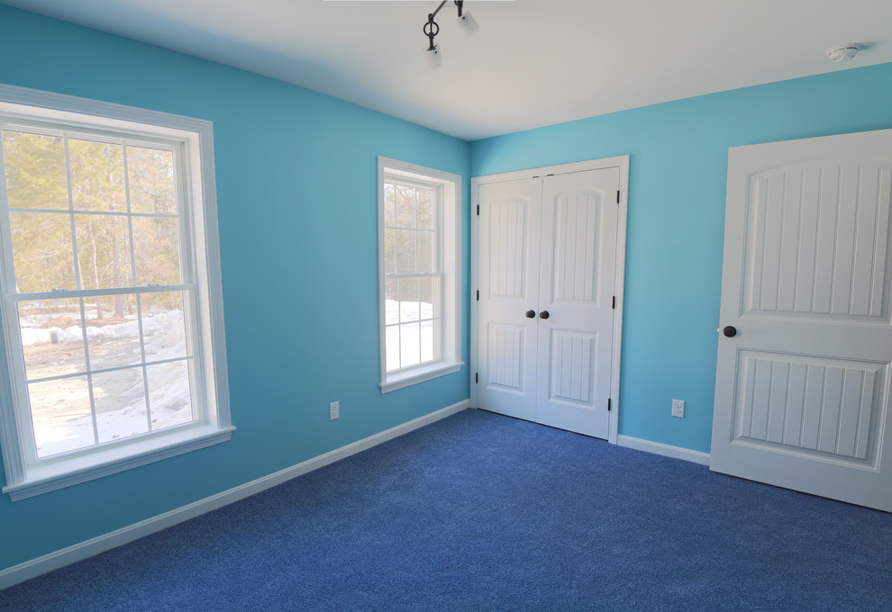Inspiration for a bedroom in Portland Maine with blue walls and carpet.