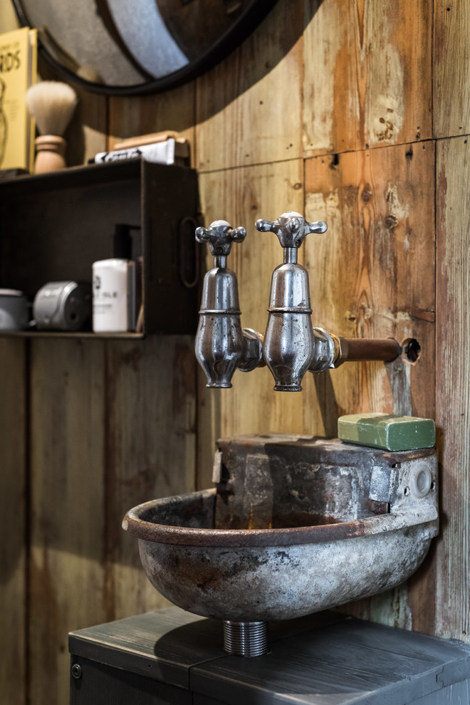 Inspiration for a small traditional master bathroom in Cornwall with a wall-mount toilet, black tile, grey walls, dark hardwood floors and wood benchtops.