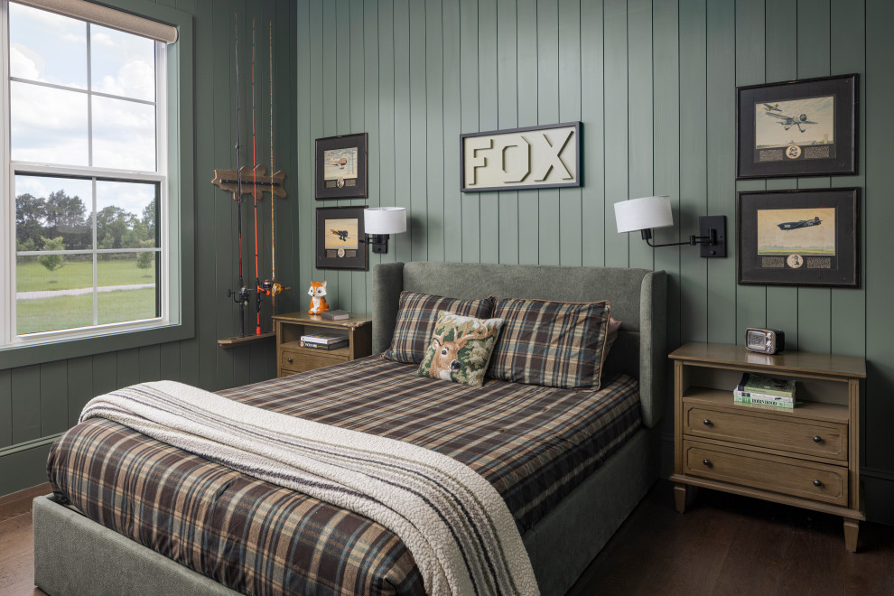 Ranch Custom Build - Example of a bedroom cottage boy dark wood floor, brown floor and shiplap wall kids' bedroom design in Dallas with green walls