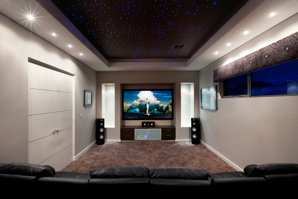Inspiration for a contemporary enclosed home theatre in Perth with carpet, a projector screen, brown floor and grey walls.