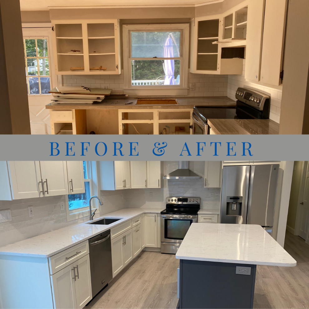 Eat-in kitchen - transitional l-shaped vinyl floor eat-in kitchen idea in Boston with an undermount sink, shaker cabinets, quartz countertops, white backsplash, subway tile backsplash, stainless steel appliances, an island and white countertops