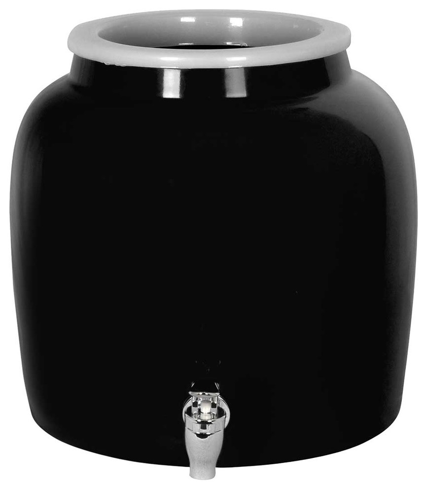 Solid Black Porcelain Ceramic Water Dispenser Crock With Faucet, Lead Free Contemporary