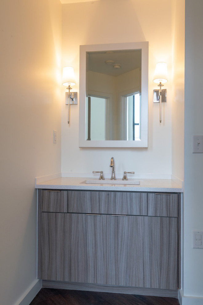 Photo of a small modern 3/4 bathroom in Other with flat-panel cabinets, grey cabinets, an undermount sink, engineered quartz benchtops, white benchtops, a single vanity and a built-in vanity.
