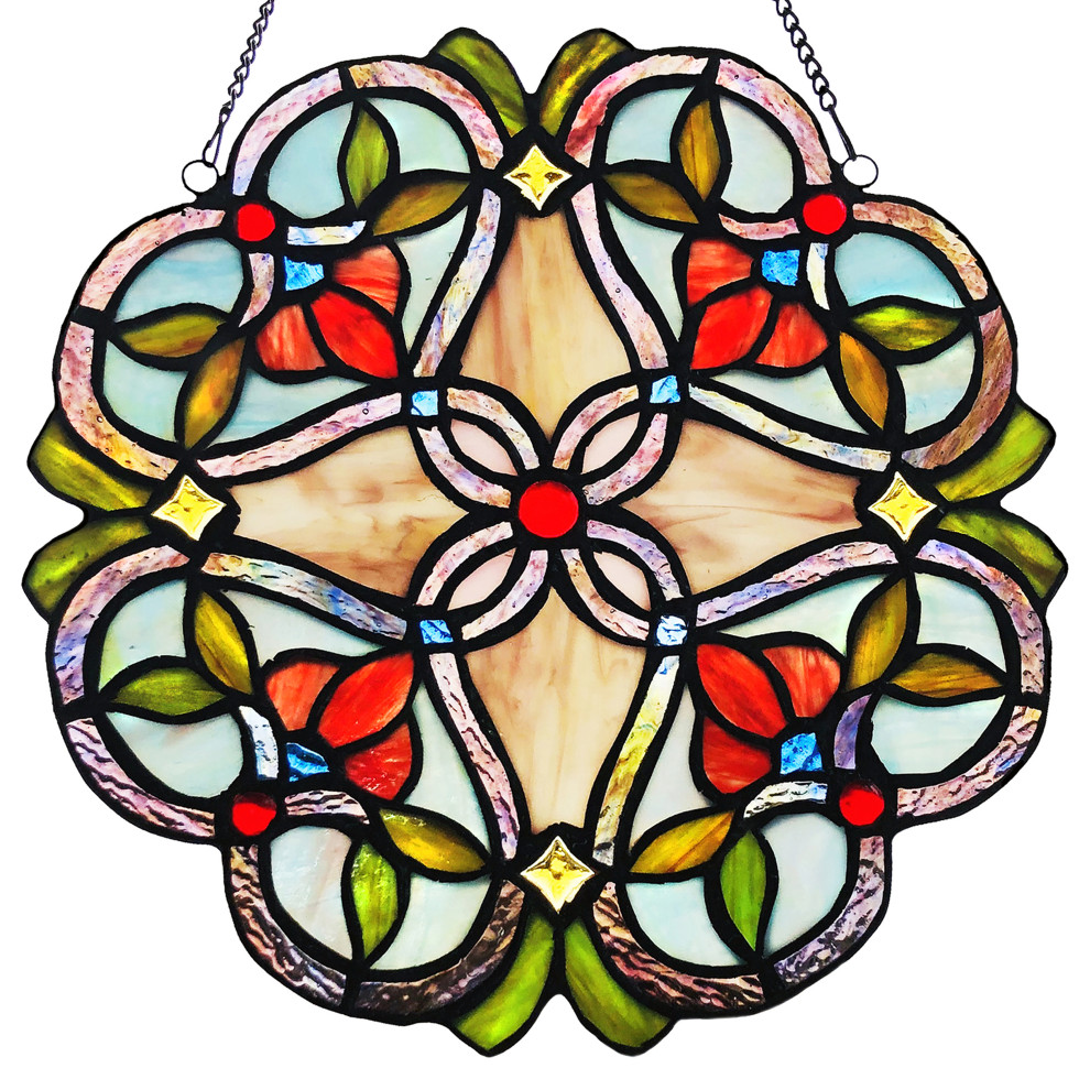 12" Flowering Vine Stained Glass Window Panel Traditional Stained