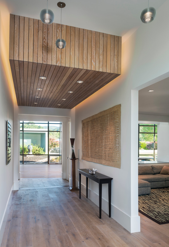 This is an example of a contemporary entry hall in San Francisco with light hardwood floors and white walls.