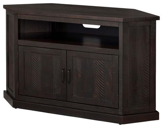 Rustic Wooden Corner TV Stand with 2 Door Espresso Brown