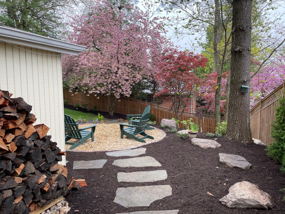 Photo of a mid-sized country backyard partial sun garden in DC Metro with a fire feature and gravel.