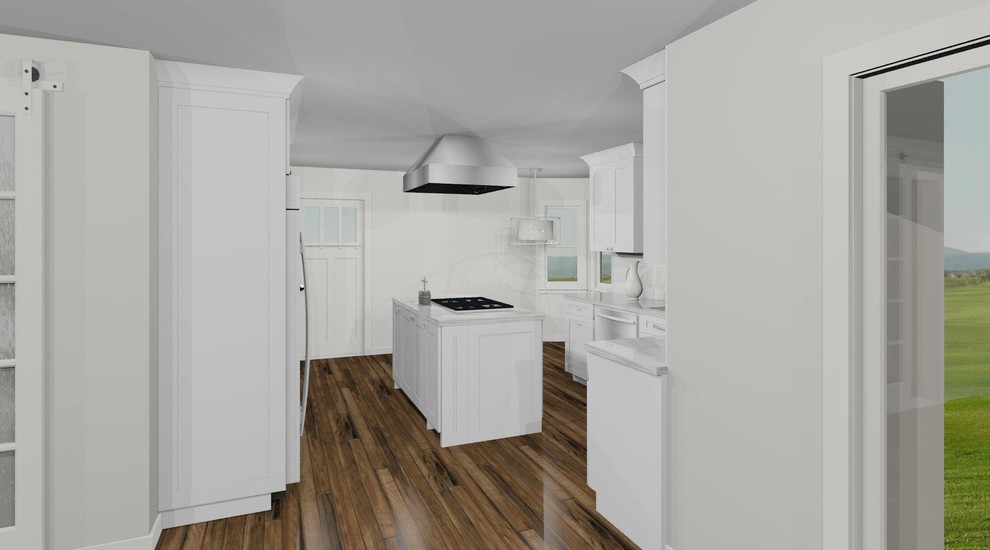 Enclosed kitchen - large transitional dark wood floor enclosed kitchen idea in Phoenix with an undermount sink, shaker cabinets, white cabinets, granite countertops, white backsplash, subway tile backsplash, stainless steel appliances and an island