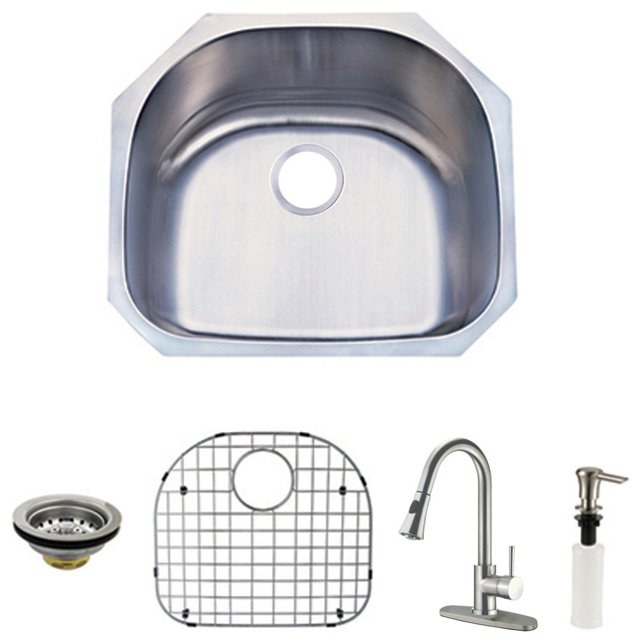 Undermount Single Bowl Kitchen Sink, Faucet Combo, Strainer, Grid Soap Dispenser Contemporary