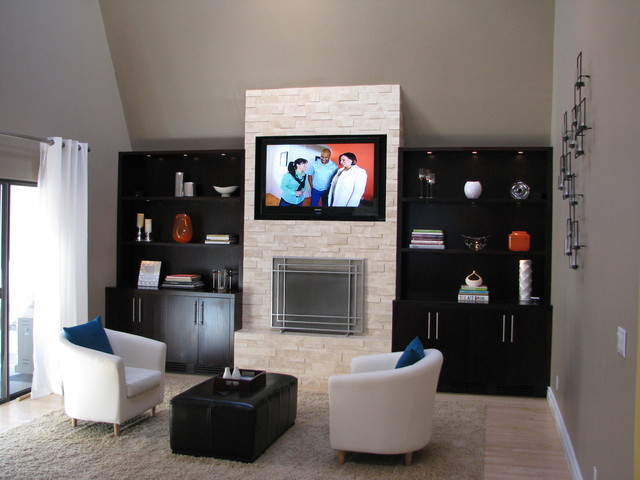 Stacked Stone Fireplace minimalistisch-wohnzimmer