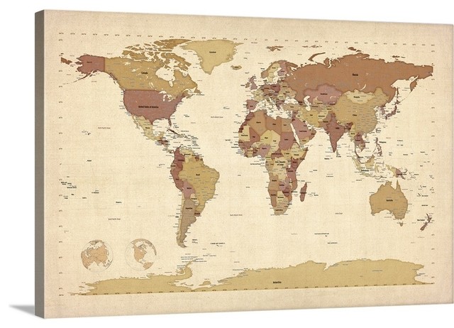 World Map Showing Latitude And Longitude Brown Wrapped Canvas Art Print 18x12 0194