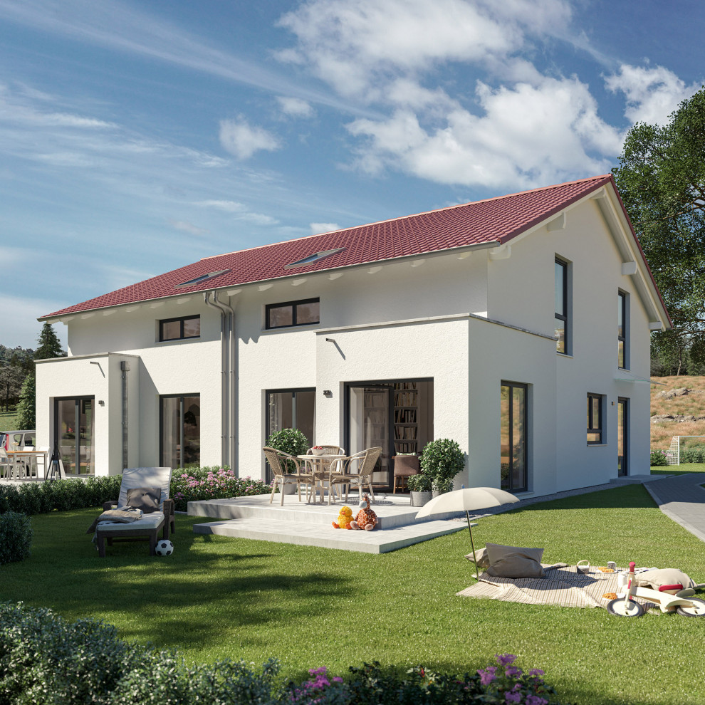 Idées déco pour une façade de maison mitoyenne blanche contemporaine en stuc de taille moyenne et à un étage avec un toit à deux pans, un toit en tuile et un toit rouge.