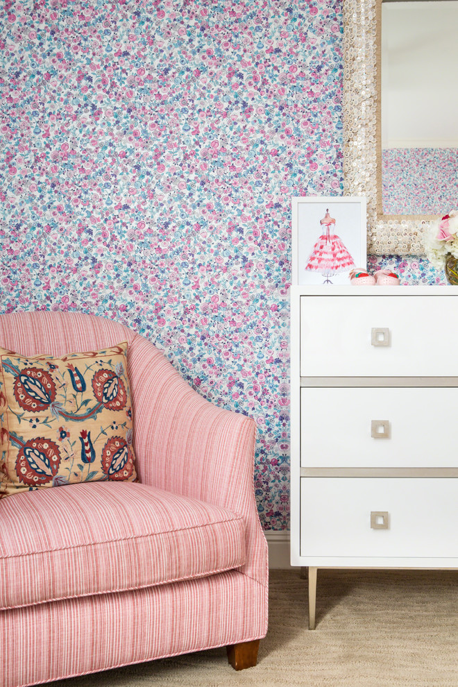 Mid-sized traditional kids' room in Los Angeles with pink walls and carpet for girls.