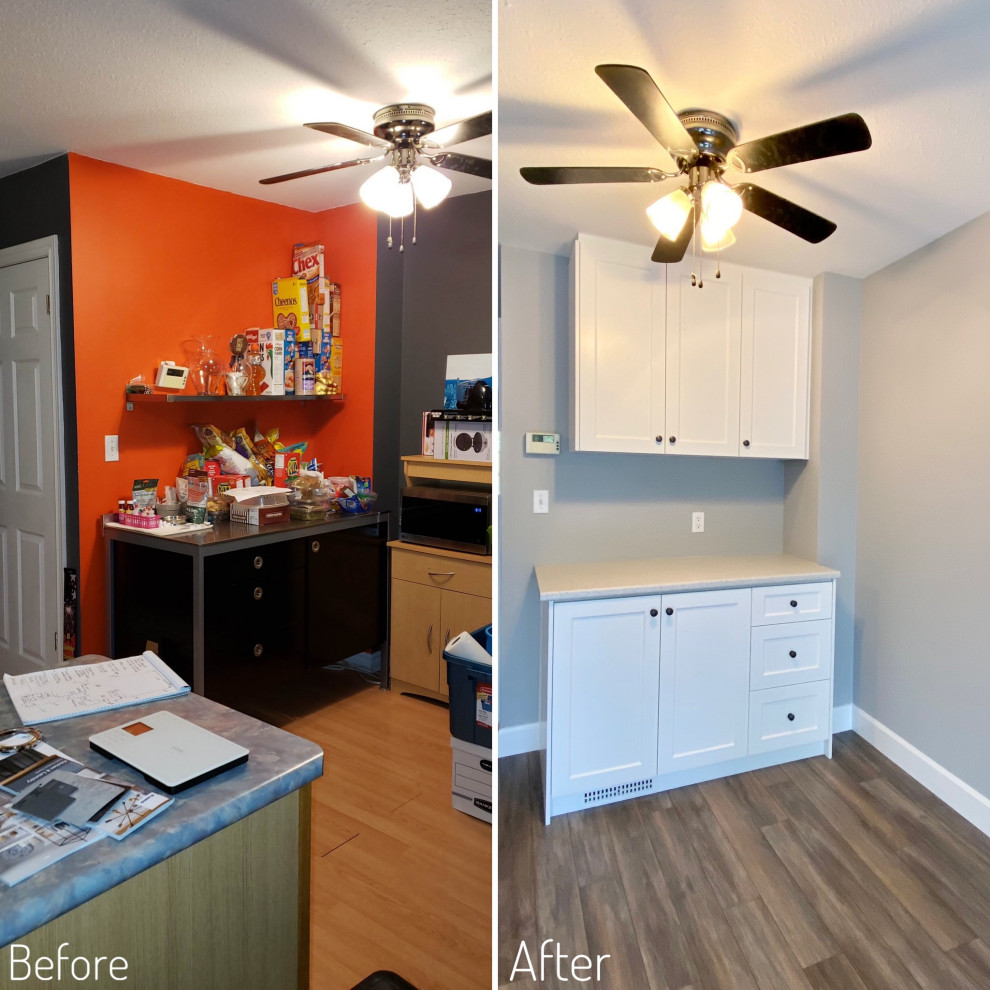 Transitional u-shaped open concept kitchen photo with an undermount sink, shaker cabinets, white cabinets, laminate countertops and gray backsplash