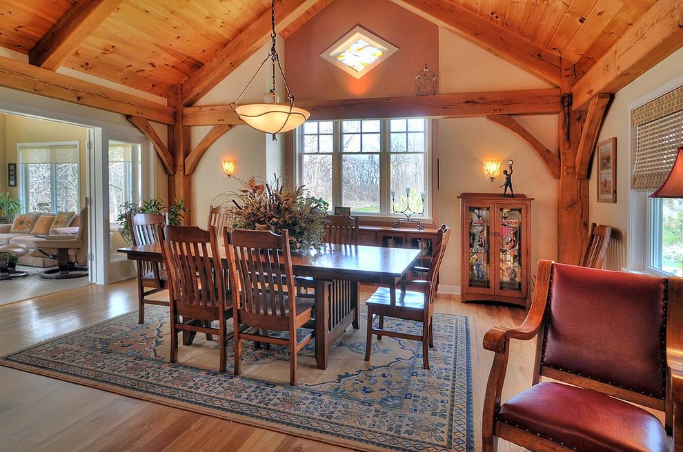 Kitchen/dining room combo - large rustic medium tone wood floor kitchen/dining room combo idea in Milwaukee with beige walls