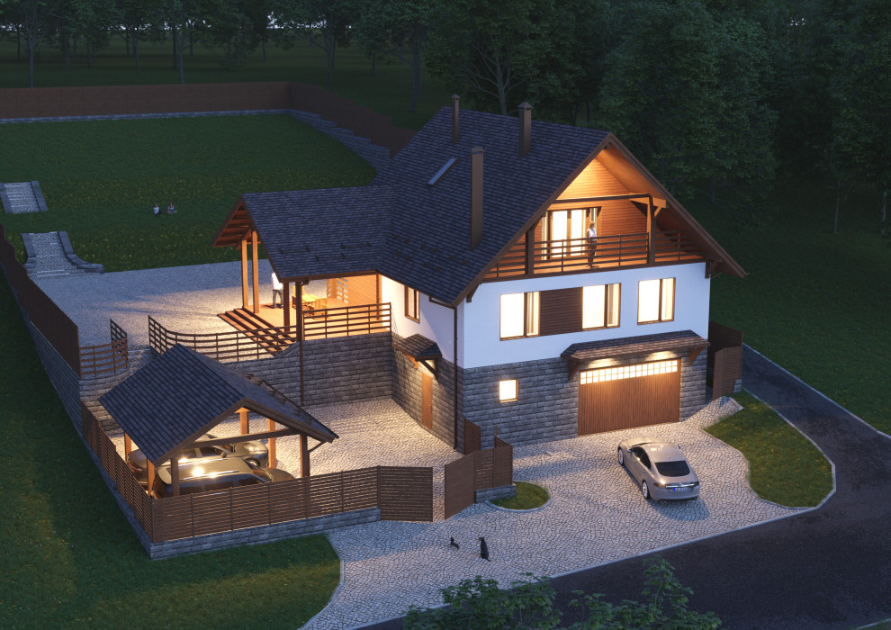 Проект 3-этажного 5-комнатного мансардного дома в стиле шале