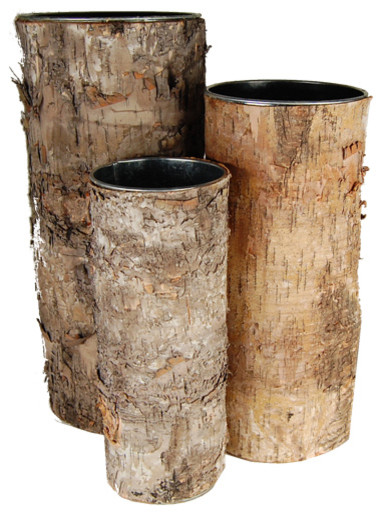 Zinc Pot With Natural Birch Wood Wrap Cylinder Vases, Set of 3