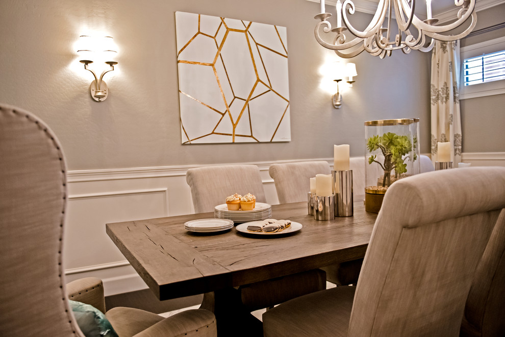 Large transitional dark wood floor enclosed dining room photo in Phoenix with gray walls and no fireplace