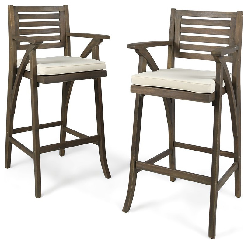 Noble House Hermosa Outdoor Acacia Wood Barstool (Set of 2) Grey/Cream
