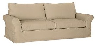 PB Comfort Slipcovered Sofa, Polyester Wrap Cushions, Twill Walnut