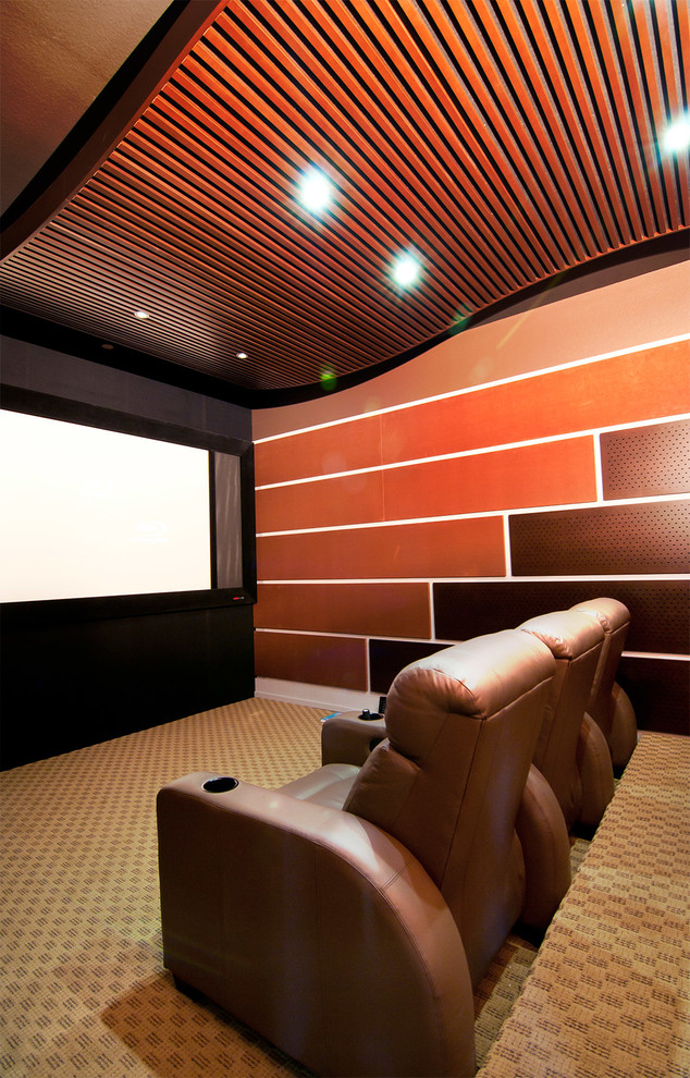 Mid-sized transitional enclosed home theatre in Other with multi-coloured walls, carpet, a projector screen and brown floor.