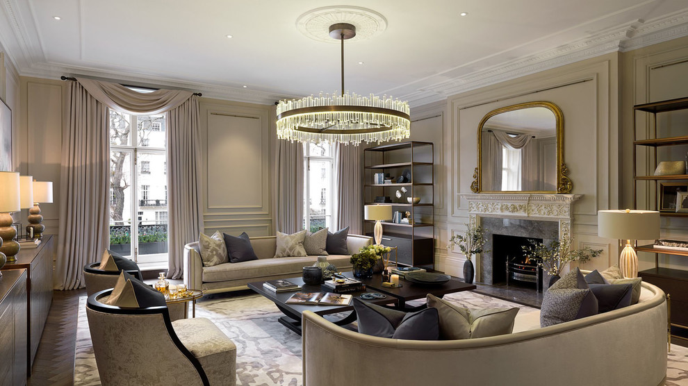 Photo of a large transitional formal enclosed living room in London with a concealed tv.