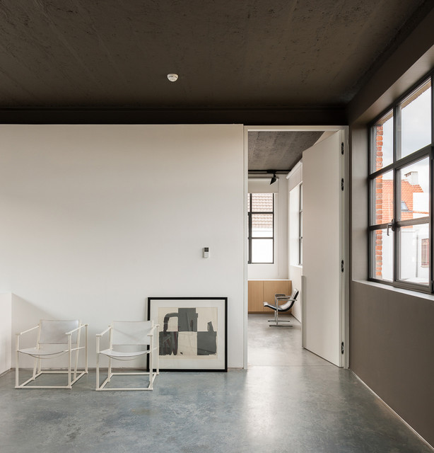 Home Office Floor Concrete Black and white workspace with concrete floor. Nylnfabrik by Kove. modern-home-