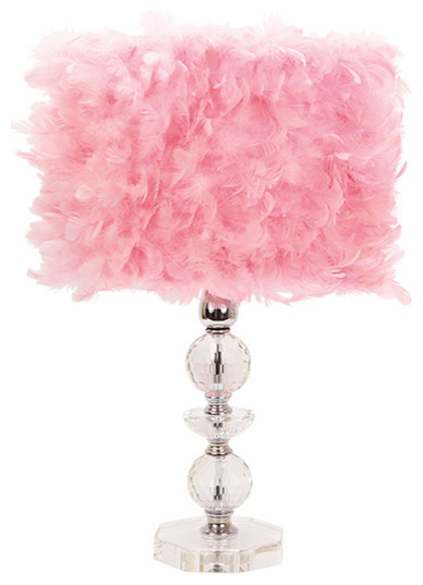 Large Crystal Tower Base With Pink Feathered Drum Shade Large Crystal Tower Base With Pink Feathered Drum Shade