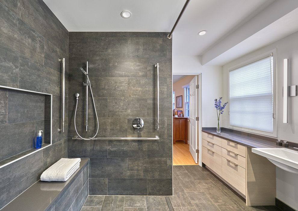 Large contemporary master bathroom in DC Metro with an alcove tub, an open shower, gray tile, grey walls, grey floor, an open shower, a niche and a shower seat.