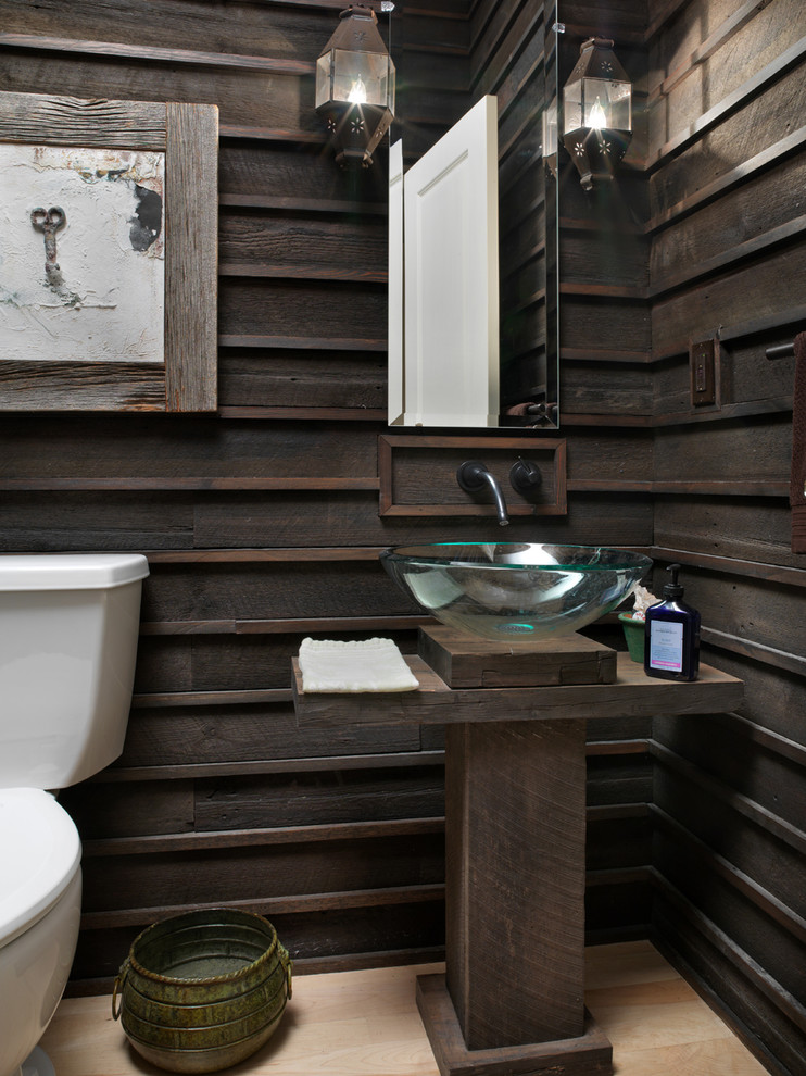Country powder room in Columbus with wood benchtops, a vessel sink and brown benchtops.