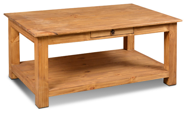 Rustic Solid Pine Wood 1 Drawer Coffee, Natural Wood Finish Coffee Table