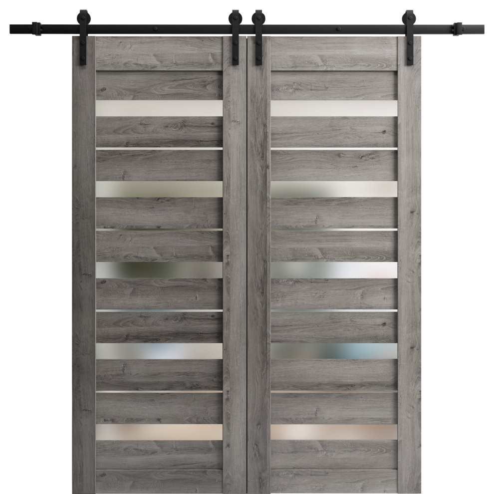 Double Barn Door, Quadro 4445 Nebraska Grey & Frosted Glass, 13', 64"x80" (2* 32x80) Farmhouse