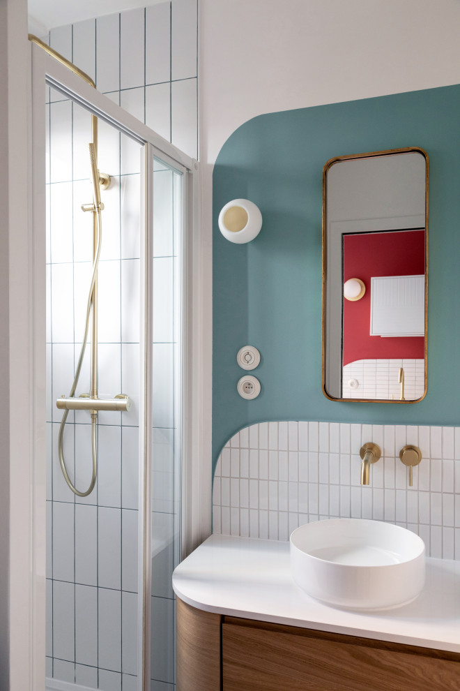 Design ideas for a small modern 3/4 bathroom in Paris with beaded inset cabinets, beige cabinets, a curbless shower, white tile, mosaic tile, blue walls, a drop-in sink, quartzite benchtops, a sliding shower screen, white benchtops, a single vanity and a floating vanity.