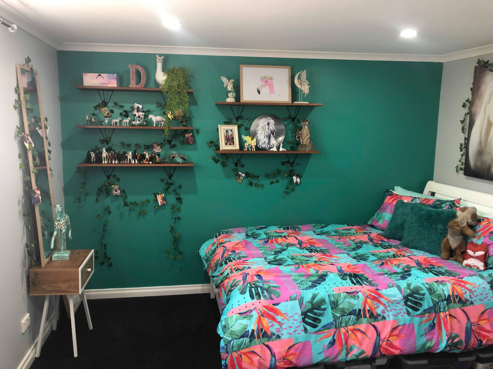 Mid-sized contemporary kids' room in Melbourne with grey walls, carpet and grey floor for girls.