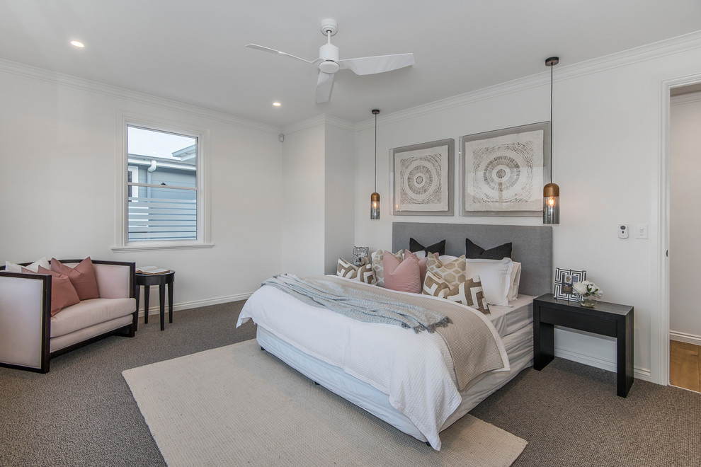 Design ideas for a transitional bedroom in Brisbane with white walls, carpet and grey floor.