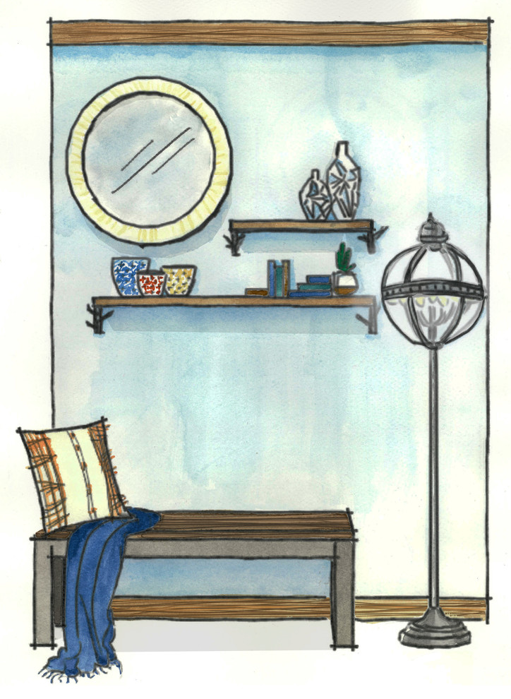 Foyer - small transitional medium tone wood floor foyer idea in Seattle with blue walls